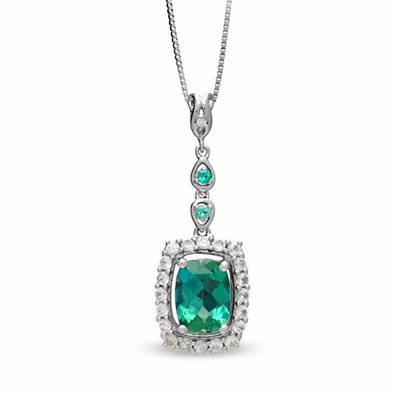 Cushion-Cut Lab-Created Emerald and White Sapphire Pendant in 14K White Gold with Diamond Accent