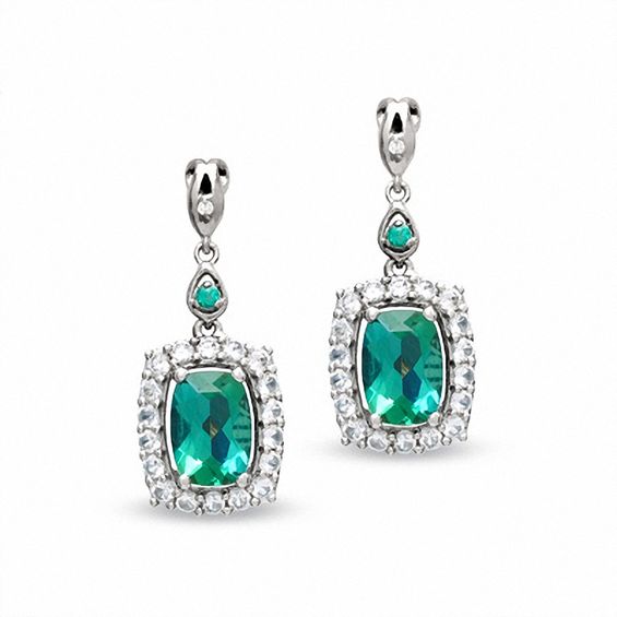 Cushion-Cut Lab-Created Emerald and White Sapphire Earrings in 14K White Gold with Diamond Accents