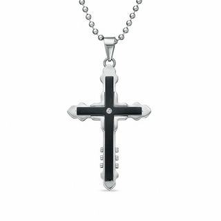 Men's Black IP Stainless Steel Cross Pendant with Diamond Accent