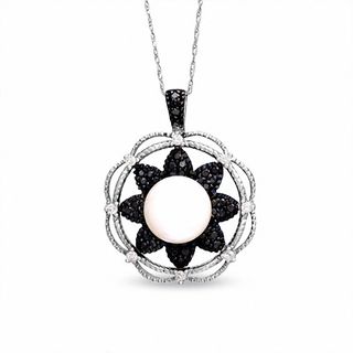 Freshwater Cultured Pearl Pendant in 14K White Gold with 0.33 CT. T.W. Enhanced Black and White Diamonds