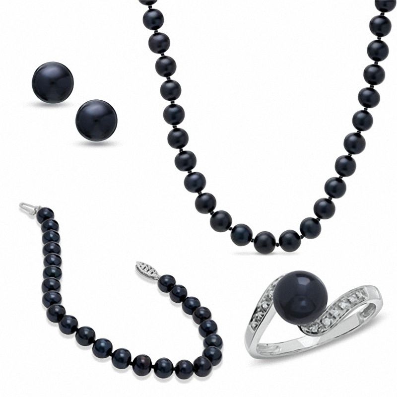 Black Freshwater Cultured Pearl Earrings, Ring, Necklace and Bracelet Set in 14K White Gold|Peoples Jewellers