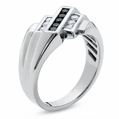 Men's 0.50 CT. T.W. Enhanced Black and White Diamond Slant Ring in 14K White Gold