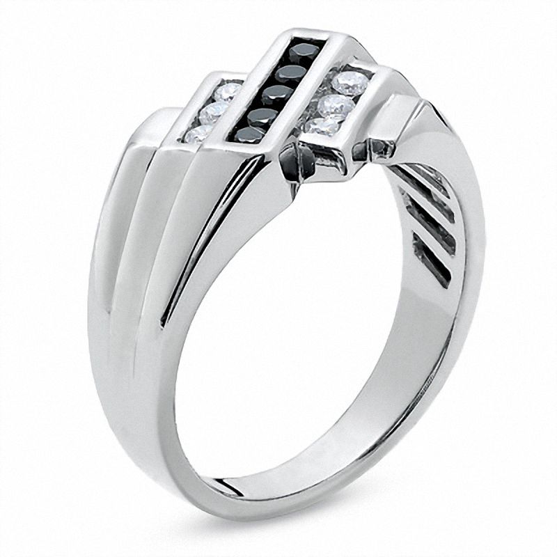 Men's 0.50 CT. T.W. Enhanced Black and White Diamond Slant Ring in 14K White Gold|Peoples Jewellers