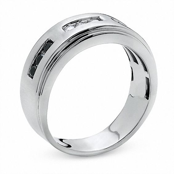 Men's 0.30 CT. T.W. Enhanced Black and White Diamond Three Channel Band in 14K White Gold