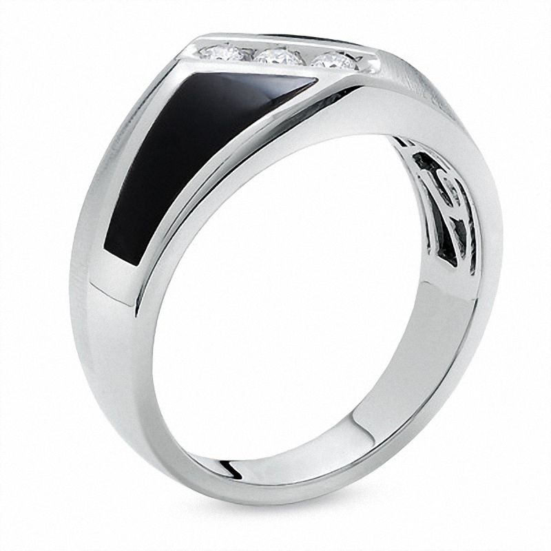 Men's 0.15 CT. T.W. Square-Cut Diamond Three Stone and Onyx Slant Ring in 14K White Gold