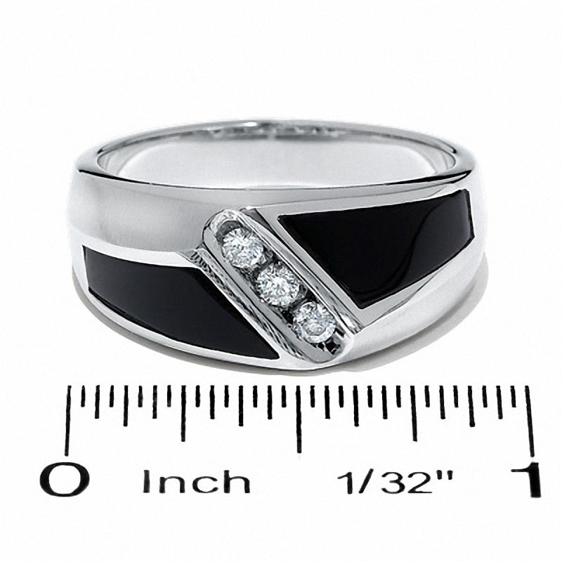 Men's 0.15 CT. T.W. Square-Cut Diamond Three Stone and Onyx Slant Ring in 14K White Gold