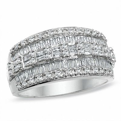 1.00 CT. T.W. Baguette and Round Diamond Three Row Ring in 10K White Gold