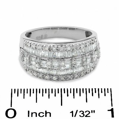 1.00 CT. T.W. Baguette and Round Diamond Three Row Ring in 10K White Gold