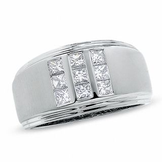 Men's 0.75 CT. T.W. Square-Cut Diamond Three Row Satin Ring in 14K White Gold