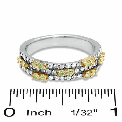 0.75 CT. T.W. Enhanced Yellow and White Diamond Three Row Band in 14K White Gold