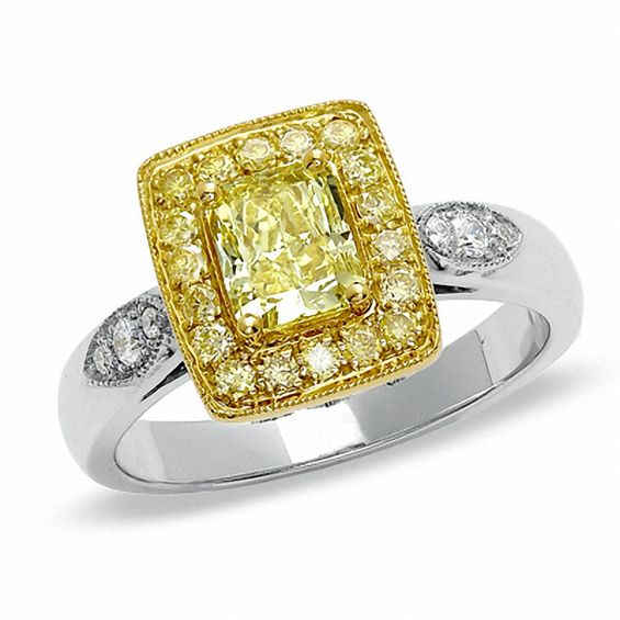 1.29 CT. T.W. Certified Cushion-Cut Fancy Yellow Diamond Framed Ring in 18K White Gold