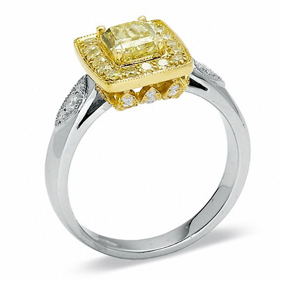 1.29 CT. T.W. Certified Cushion-Cut Fancy Yellow Diamond Framed Ring in 18K White Gold