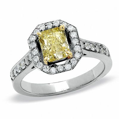 1.40 CT. T.W. Cushion-Cut Yellow Diamond Framed Ring in 18K White Gold