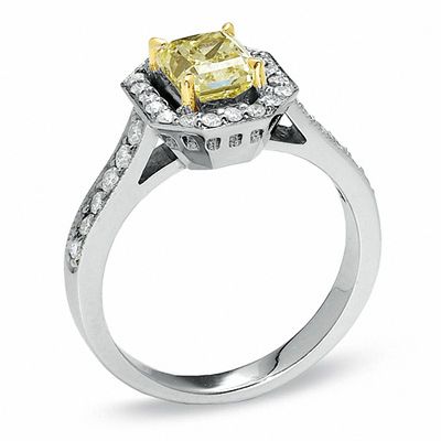 1.40 CT. T.W. Cushion-Cut Yellow Diamond Framed Ring in 18K White Gold