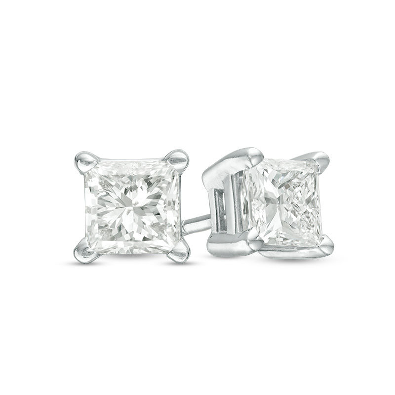 Main Image 1 of 1.20 CT. T.W. Princess-Cut Diamond Solitaire Earrings in 14K White Gold (K-L/I2-I3)