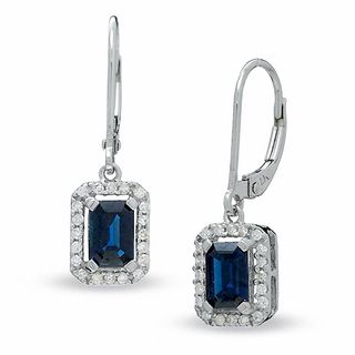 Emerald-Cut Blue Sapphire Drop Earrings in 10K White Gold with Diamond Accents