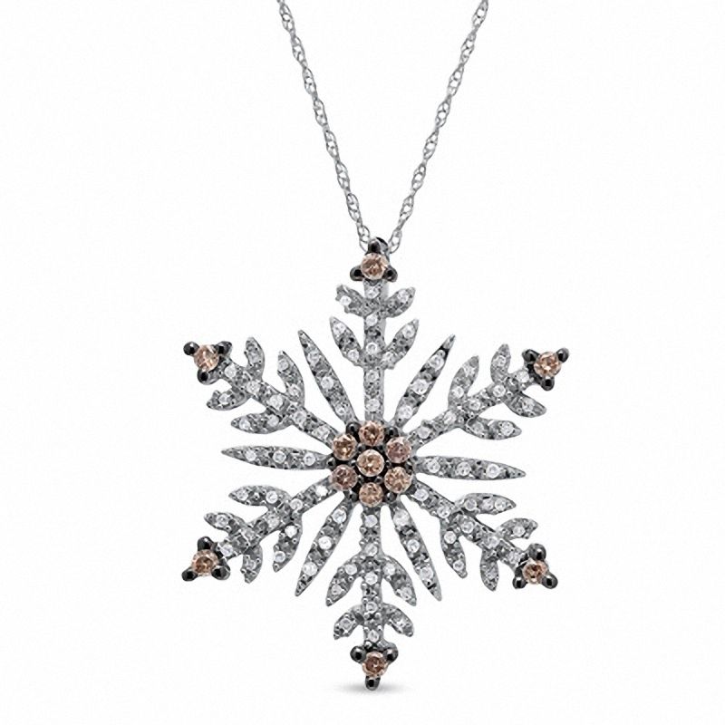 0.50 CT. T.W. Champagne and White Diamond Snowflake Pendant in 10K White Gold|Peoples Jewellers
