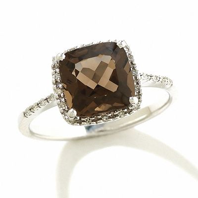 Cushion-Cut Smoky Quartz Ring in 14K White Gold with Diamond Accents