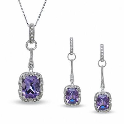 Cushion-Cut Amethyst Pendant and Earrings Set in Sterling Silver