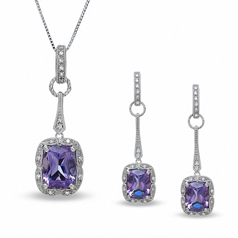 Cushion-Cut Amethyst Pendant and Earrings Set in Sterling Silver|Peoples Jewellers