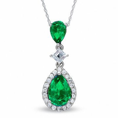 Pear-Shaped Lab-Created Emerald and White Sapphire Pendant in 14K White Gold