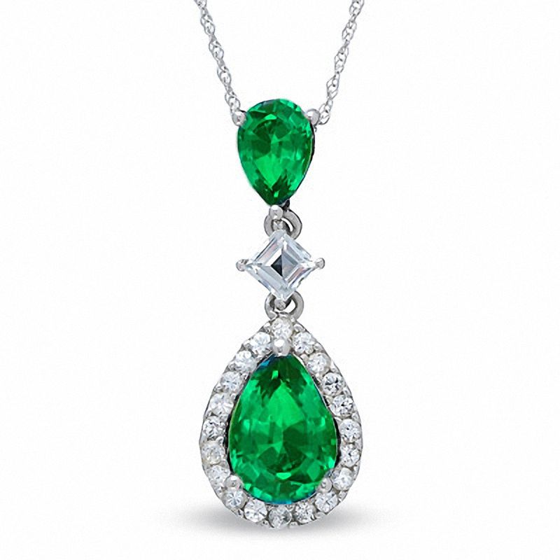 Main Image 1 of Pear-Shaped Lab-Created Emerald and White Sapphire Pendant in 14K White Gold