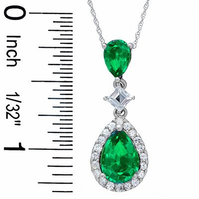 Pear-Shaped Lab-Created Emerald and White Sapphire Pendant in 14K White Gold