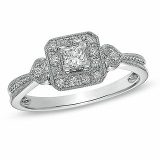 0.33 CT. T.W. Princess-Cut Diamond Framed Milgrain Engagement Ring in 14K White Gold