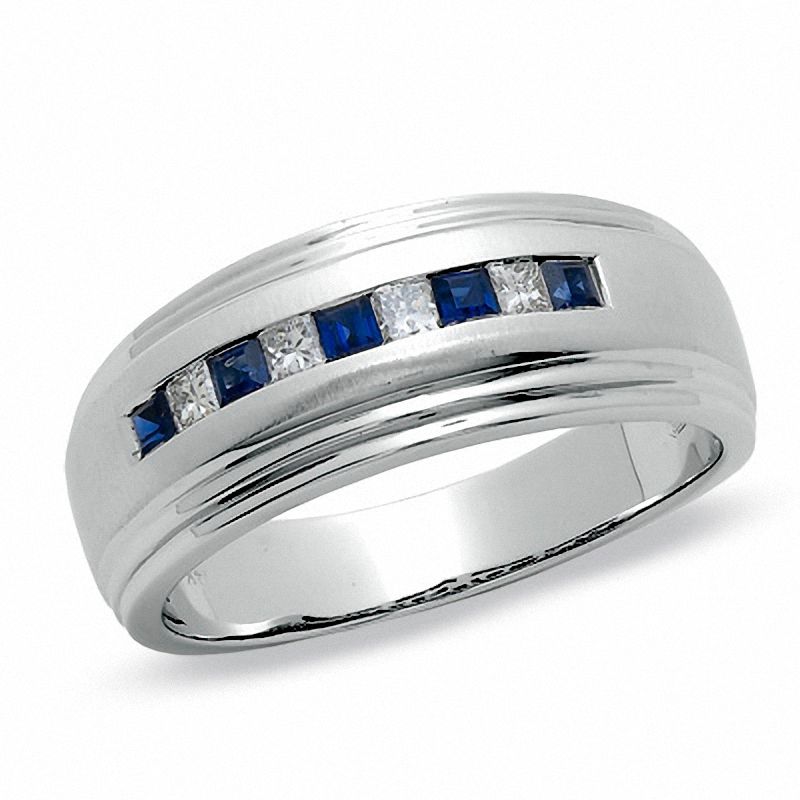 Men's 0.20 CT. T.W. Square-Cut Diamond and Blue Sapphire Band in 14K White Gold|Peoples Jewellers