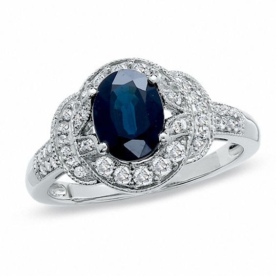 Oval Blue Sapphire and 0.30 CT. T.W. Diamond Milgrain Ring in 14K White Gold