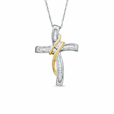 0.25 CT. T.W. Diamond Three Stone Wrapped Cross Pendant in 10K Two-Tone Gold