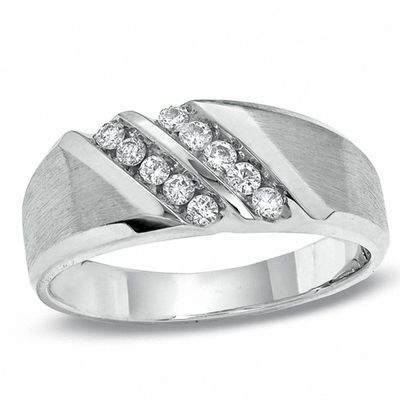 Men's 0.30 CT. T.W. Diamond Two Row Slant Luxury Fit Wedding Band in 10K White Gold