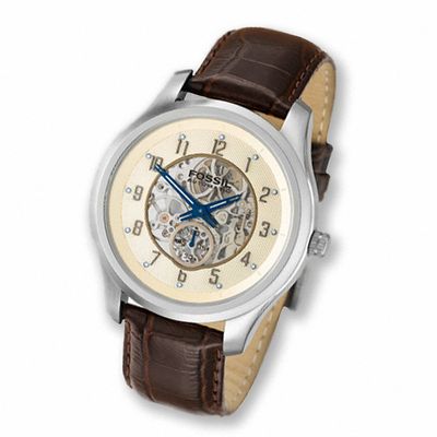 Men's Fossil Automatic Strap Watch with Skeleton Khaki Dial (Model: ME3013)