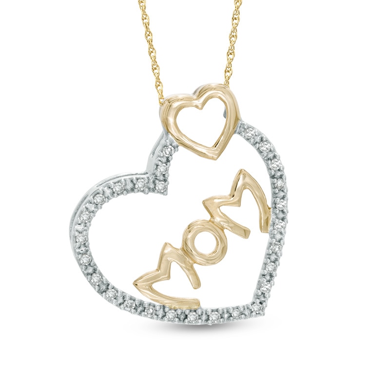 0.10 CT. T.W. Diamond MOM Double Heart Pendant in 10K Two-Tone Gold ...