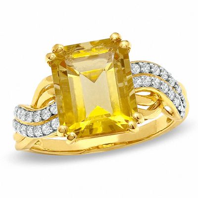 Emerald-Cut Citrine and Lab-Created White Sapphire Swirl Ring in 10K Gold