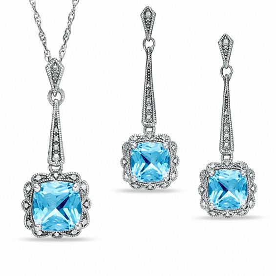 Cushion-Cut Blue Topaz Vintage-Style Pendant and Earrings Set in Sterling Silver