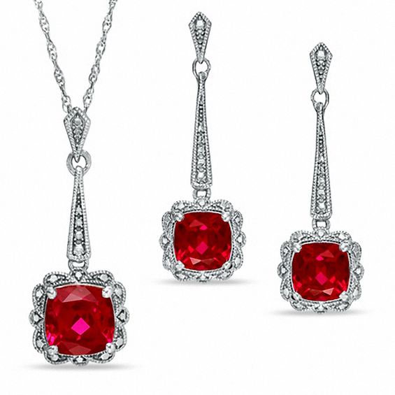 Cushion-Cut Lab-Created Ruby Vintage-Style Pendant and Earrings Set in Sterling Silver