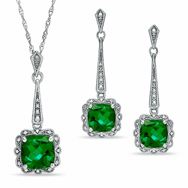 Cushion-Cut Lab-Created Emerald Vintage-Style Pendant and Earrings Set in Sterling Silver|Peoples Jewellers