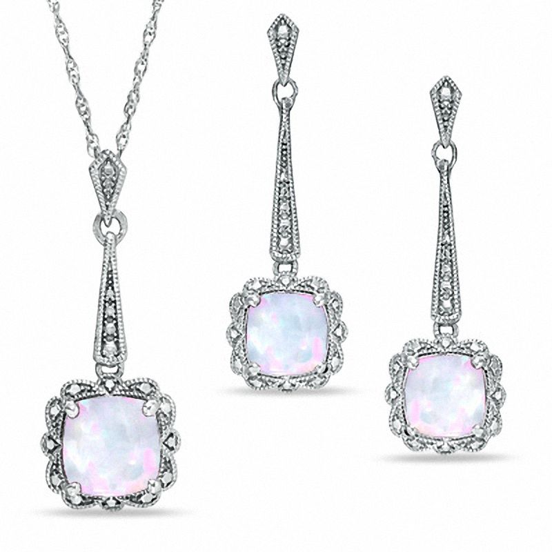 Cushion-Cut Lab-Created Opal Vintage-Style Pendant and Earrings Set in Sterling Silver|Peoples Jewellers