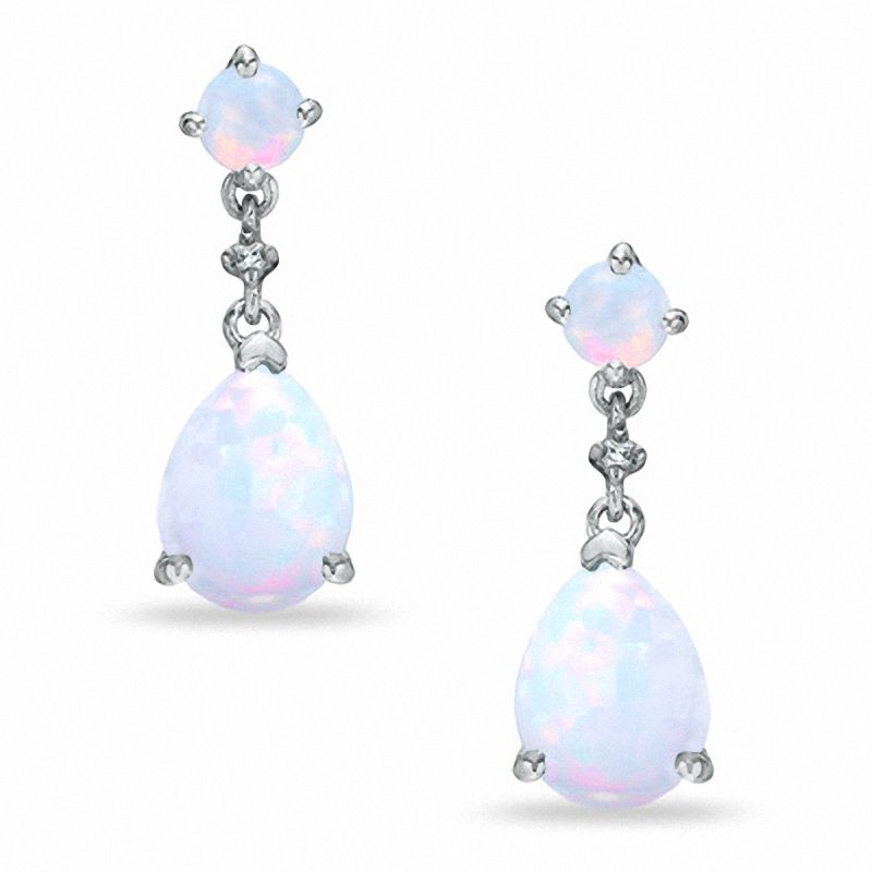 Lab-Created Opal Drop Earrings in 10K White Gold with Diamond Accents|Peoples Jewellers
