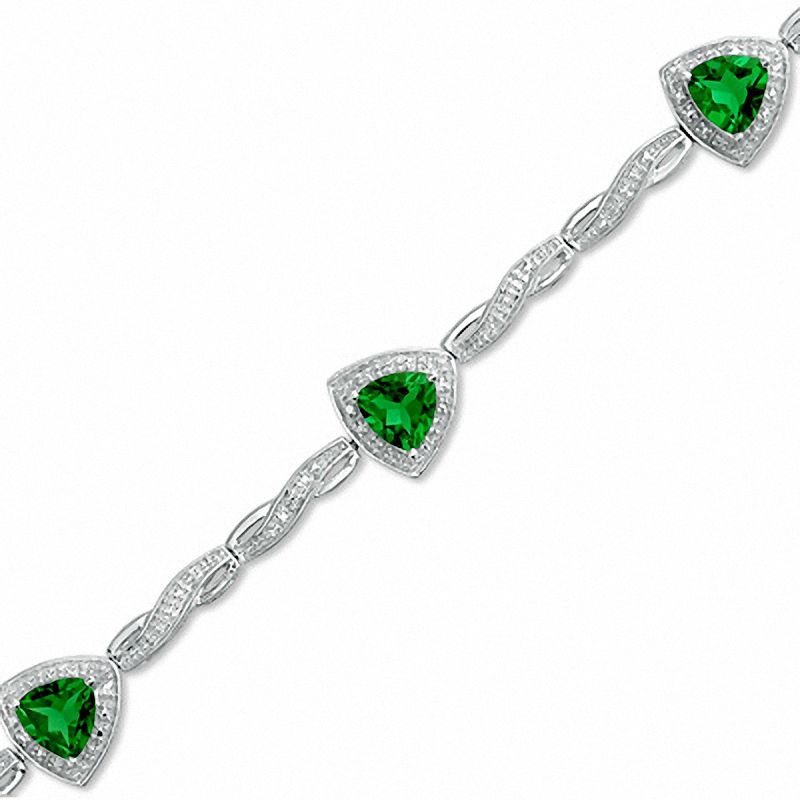 Trillion-Cut Lab-Created Emerald and Diamond Accent Bracelet in Sterling Silver - 7.25"