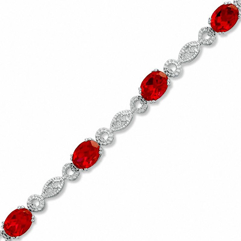 Oval Lab-Created Ruby with Diamond Accent Bracelet in Sterling Silver - 7.25"