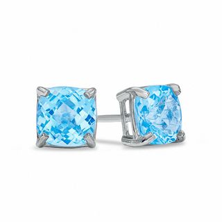 6.0mm Cushion-Cut Blue Topaz Stud Earrings in 10K White Gold