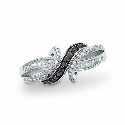 0.25 CT. T.W. Enhanced Black and White Diamond Twist Over Ring in 10K White Gold