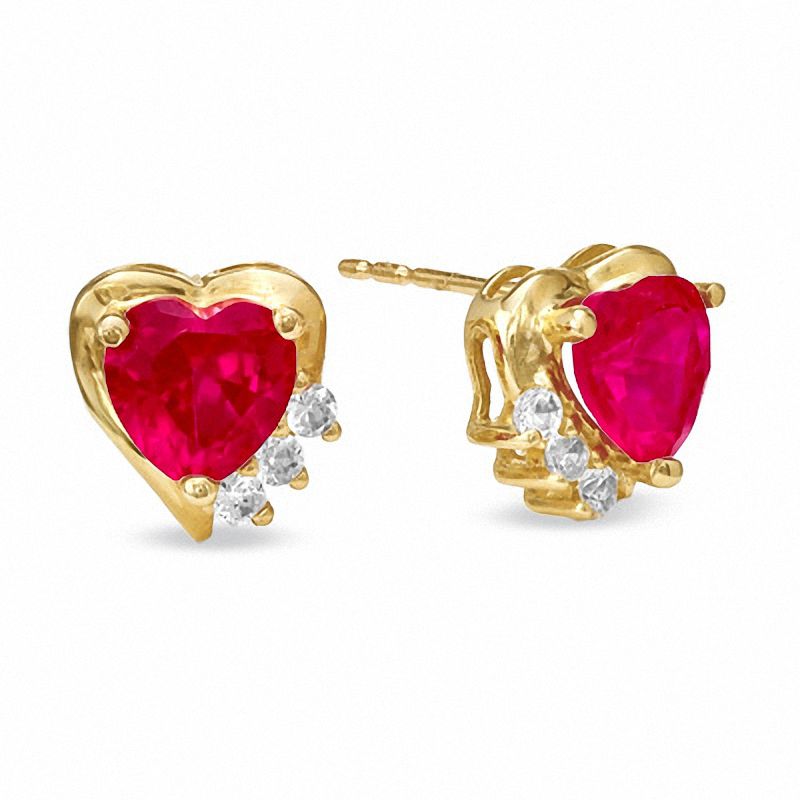 6.0mm Heart-Shaped Lab-Created Ruby and White Sapphire Earrings in 10K Gold|Peoples Jewellers