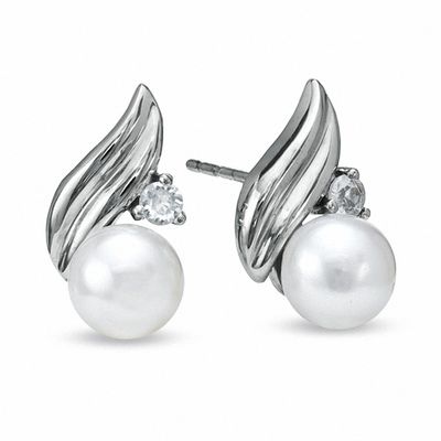 6.0mm Freshwater Cultured Pearl and White Sapphire Earrings in 10K White Gold