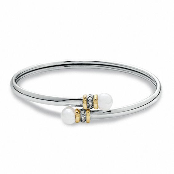 7.0mm Freshwater Cultured Pearl Bypass Bangle in Sterling Silver and 14K Gold with Diamond Accents-7.5"