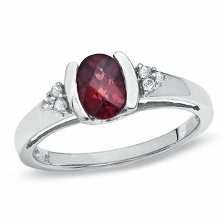 Oval Garnet and White Sapphire Bezel-Set Ring in 10K White Gold