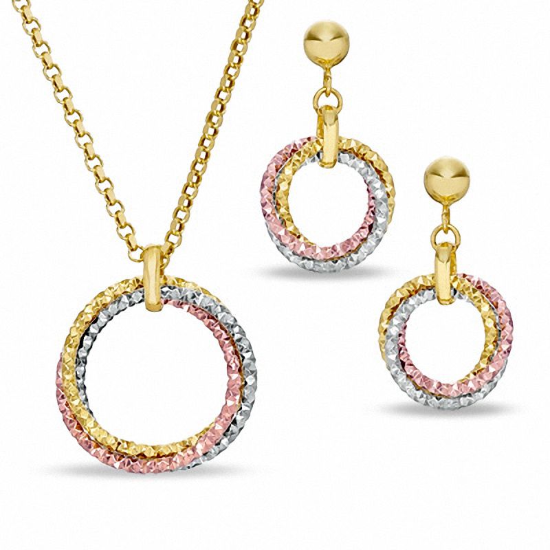 14K Tri-Tone Gold and Sterling Silver Circle Pendant and Earrings Set|Peoples Jewellers