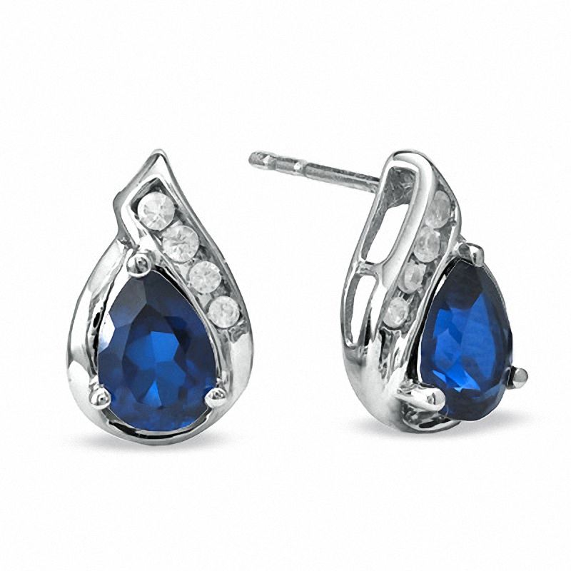 Pear-Shaped Lab-Created Blue Sapphire Earrings in 10K White Gold with White Sapphire Accents|Peoples Jewellers